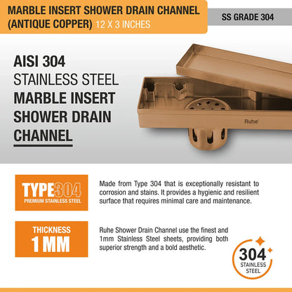 Marble-Insert Shower Drain Channel (3 Inches)