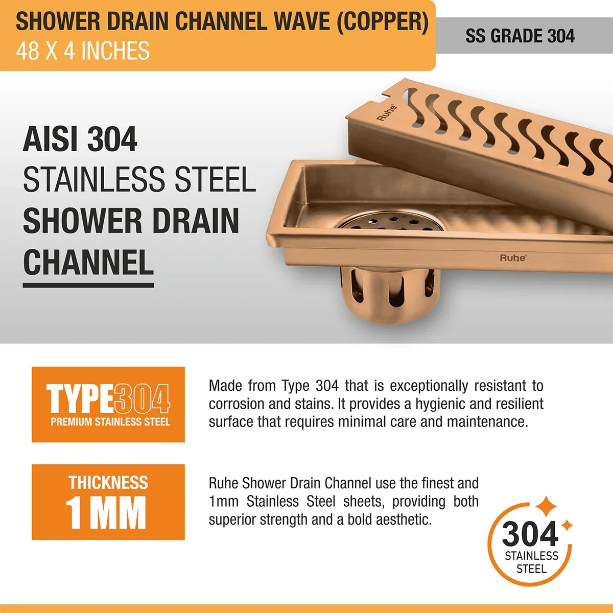 Wave Shower Drain Channel (48 x 4 Inches) Antique Copper PVD Coated - by Ruhe