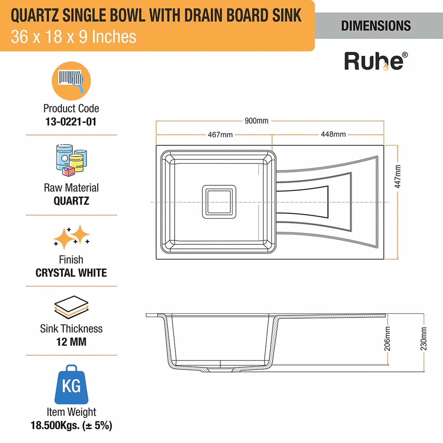 Quartz Single Bowl with Drainboard Kitchen Sink (36 x 18 x 9 Inches)