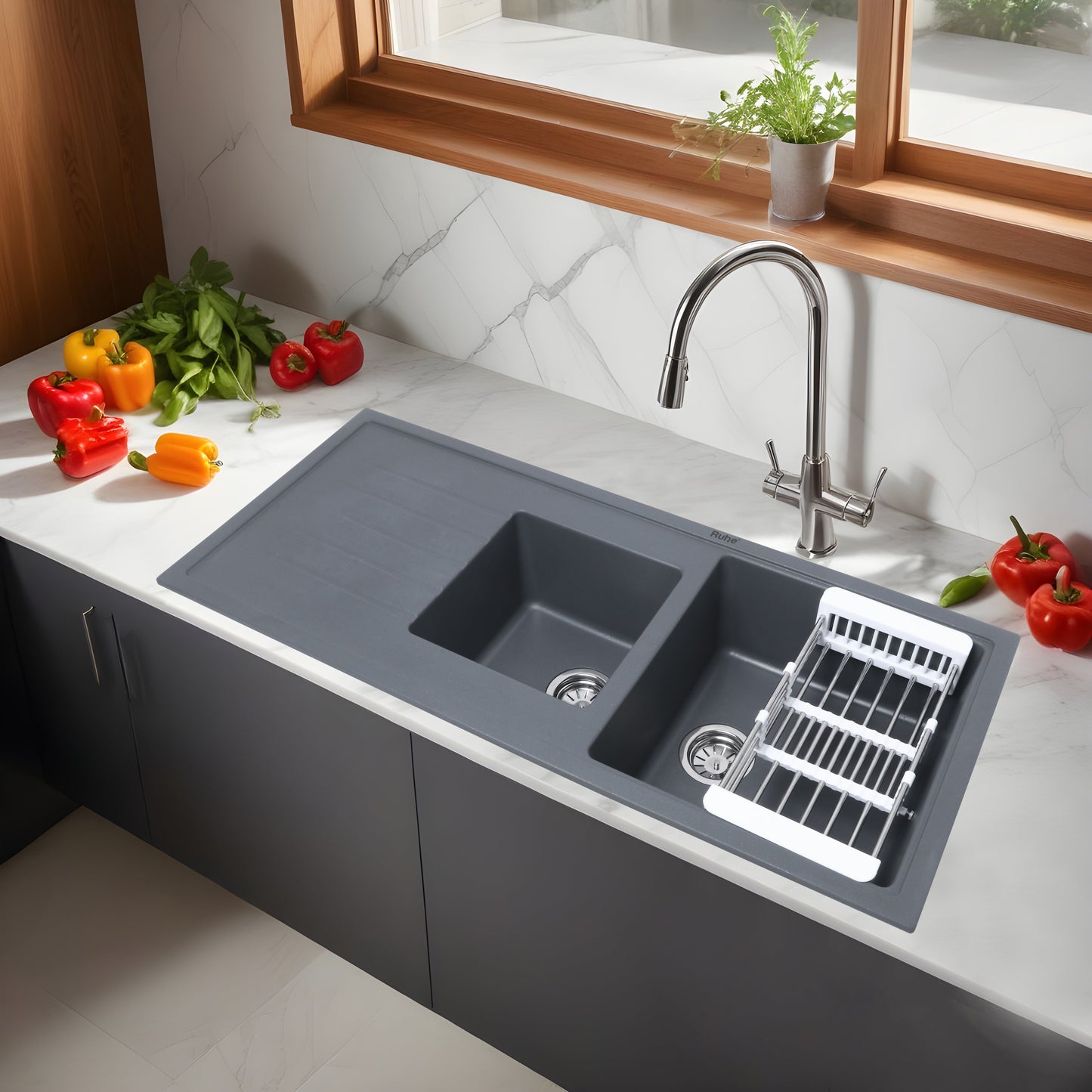 Quartz Double Bowl with Drainboard Kitchen Sink (45 x 20 x 9 inches)