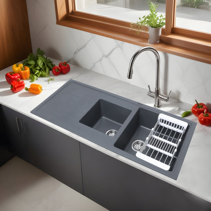 Quartz Double Bowl with Drainboard Kitchen Sink (45 x 20 x 9 inches)