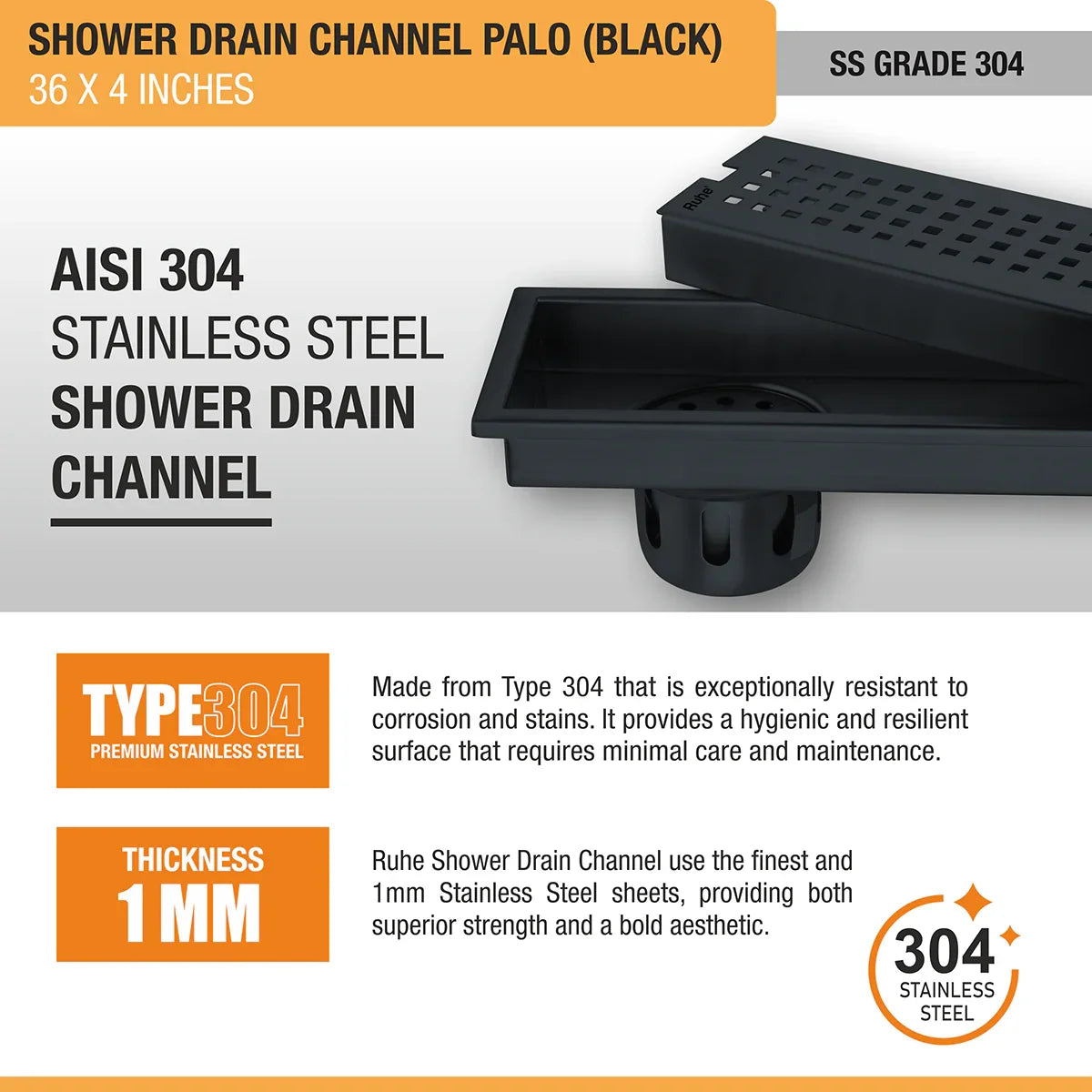 Palo Shower Drain Channel (36 x 4 Inches) Black PVD Coated stainless steel