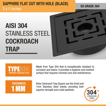 Sapphire Square Flat Cut Floor Drain in Black PVD Coating (5 x 5 Inches) with Hole - by Ruhe