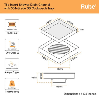 Tile-Insert Shower Drain Channel (5 x 5 Inches)