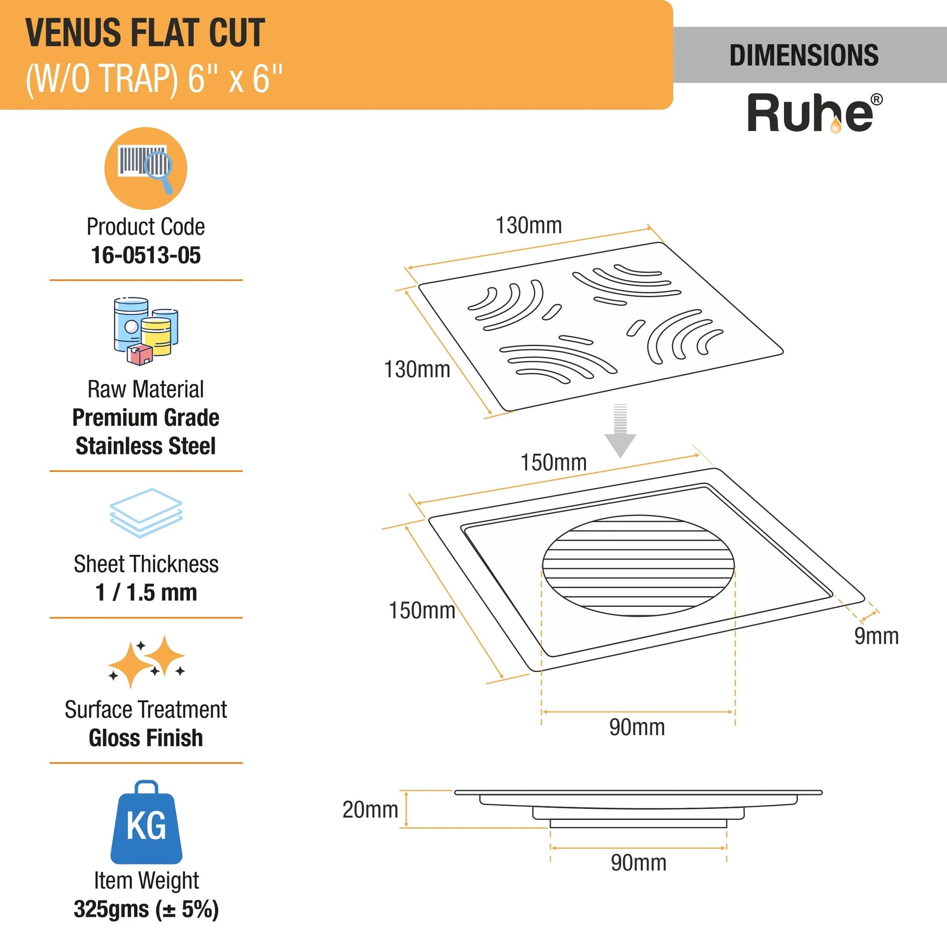 Venus Square Premium Flat Cut Floor Drain (6 x 6 Inches) dimensions and size