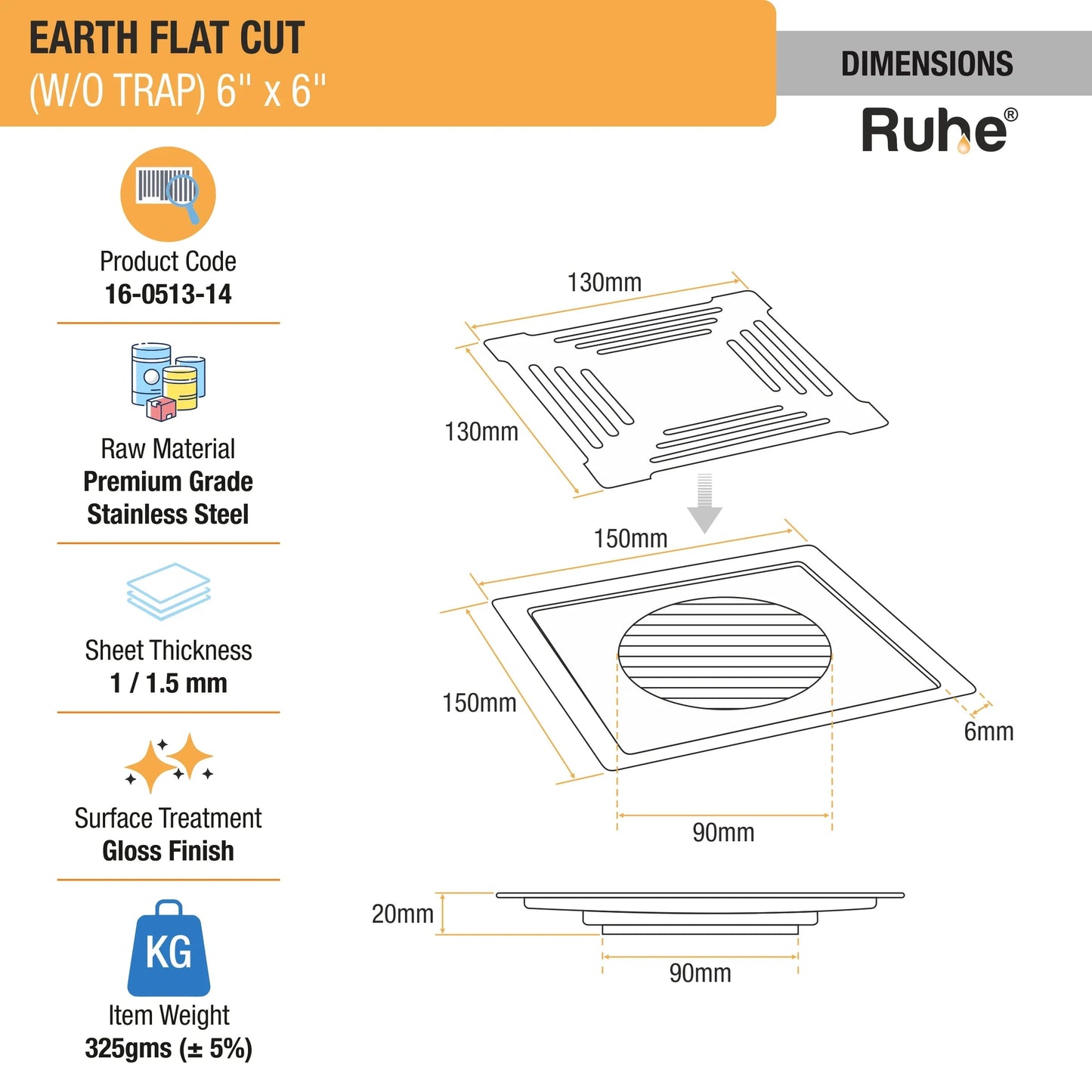 Earth Square Premium Flat Cut Floor Drain (6 x 6 Inches) dimensions and sizes
