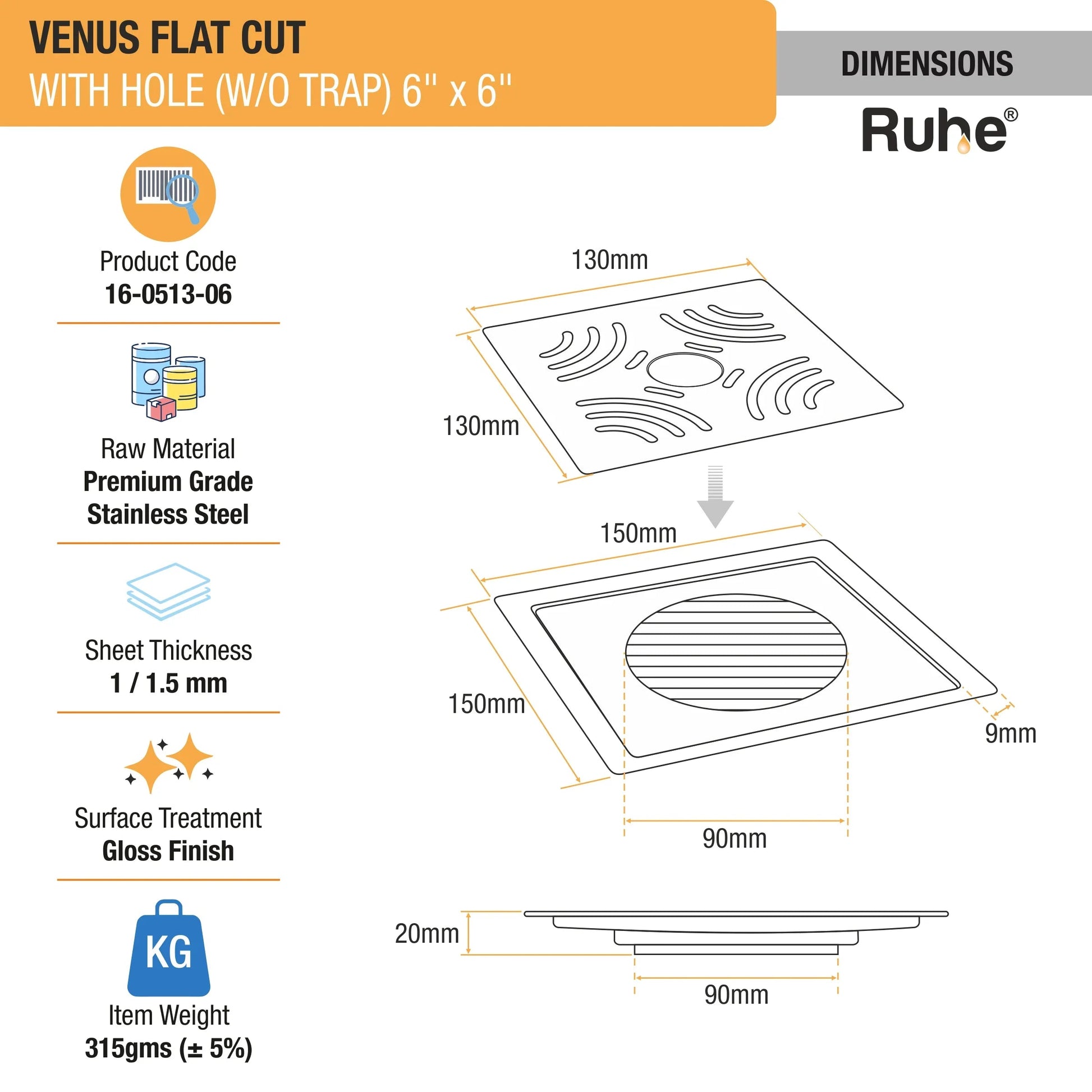 Venus Square Premium Flat Cut Floor Drain (6 x 6 Inches) with Hole dimensions and size