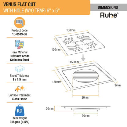 Venus Square Premium Flat Cut Floor Drain (6 x 6 Inches) with Hole dimensions and size