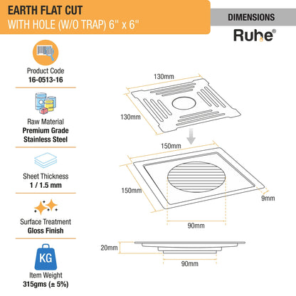 Earth Square Premium Flat Cut Floor Drain (6 x 6 Inches) with Hole dimensions and size