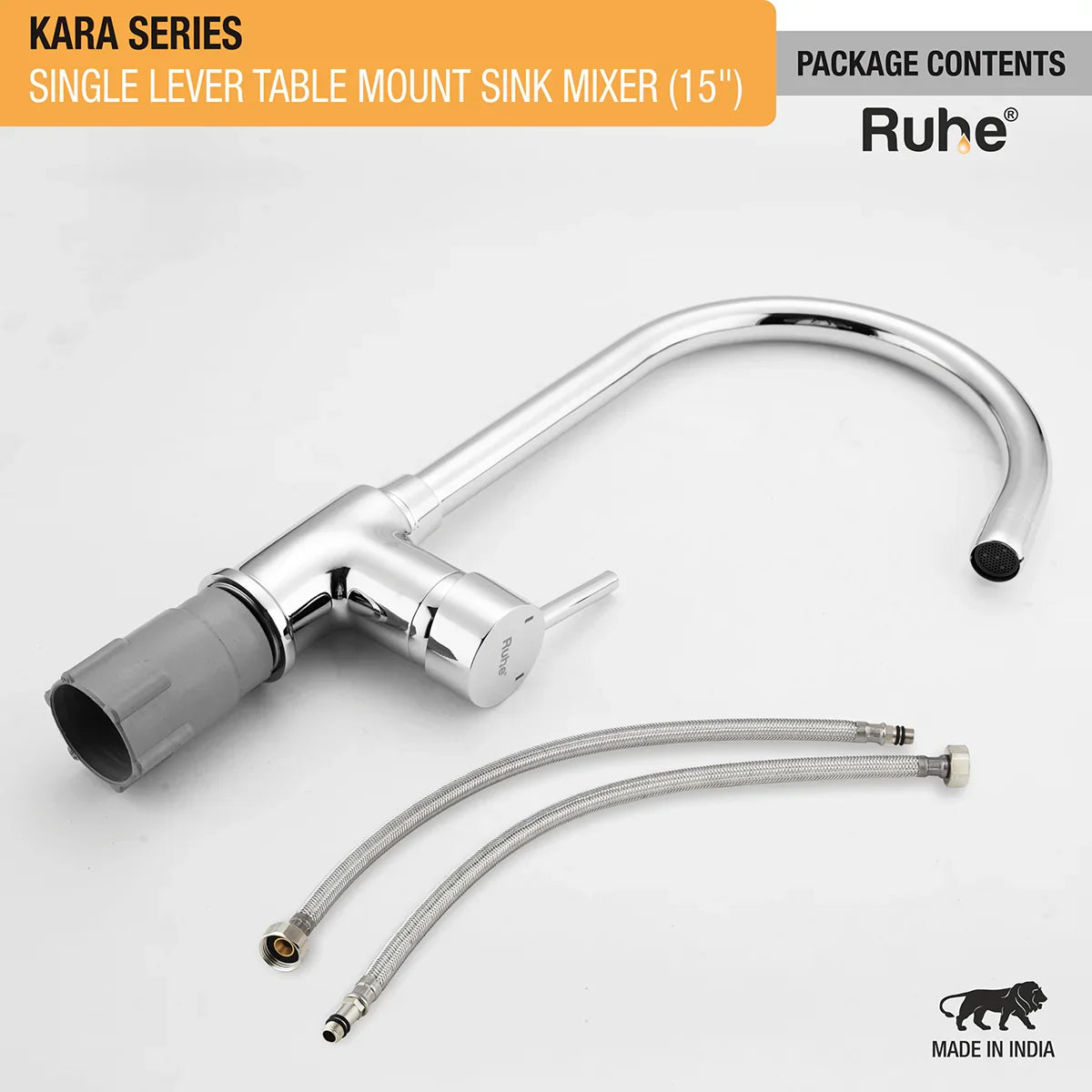 Kara Single Lever Table-Mount Sink Mixer with Medium (15 Inches) Round Swivel Spout Brass Faucet package