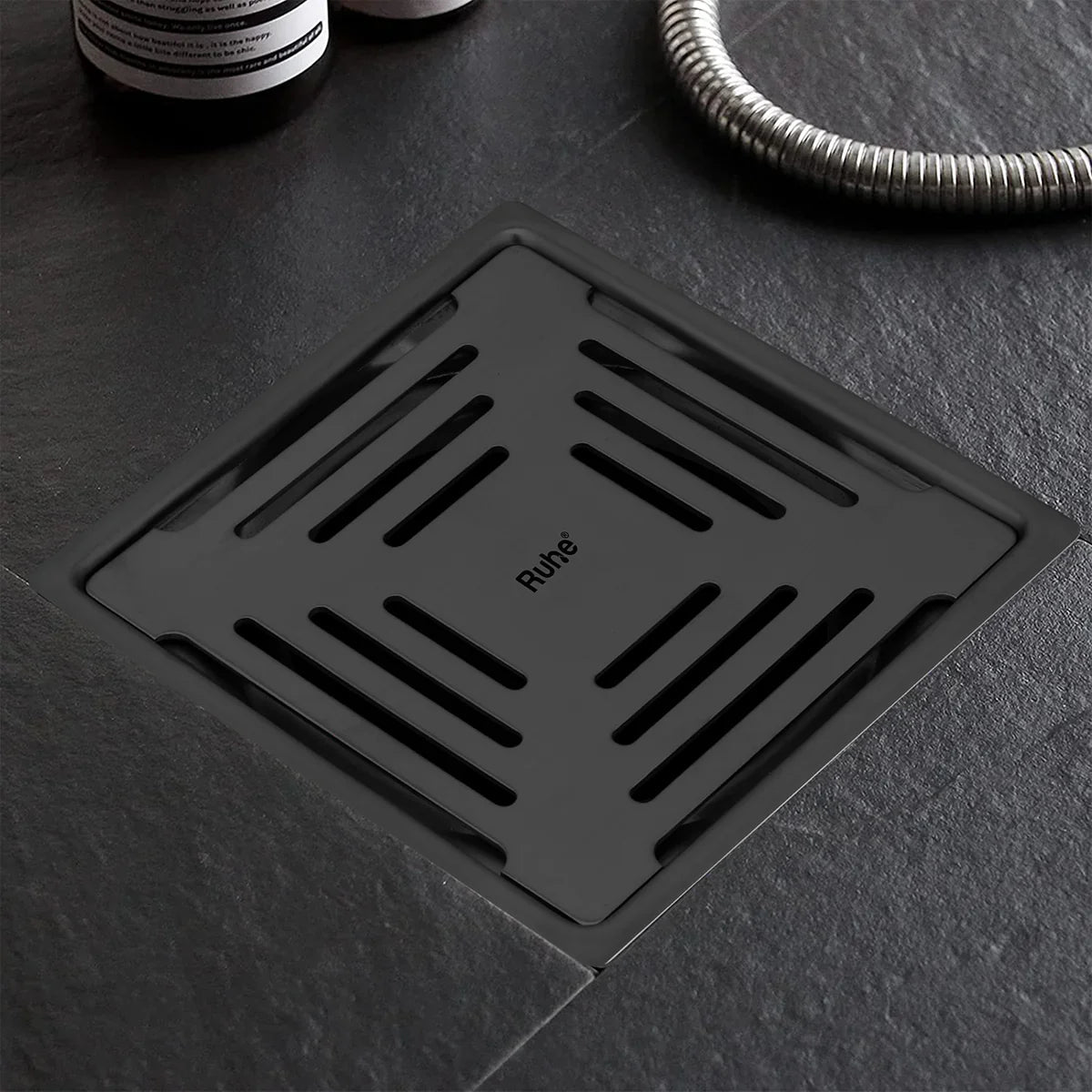 Opal Square 304-Grade Floor Drain in Black PVD Coating (6 x 6 Inches) installed