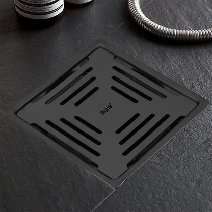 Opal Square 304-Grade Floor Drain in Black PVD Coating (6 x 6 Inches) installed