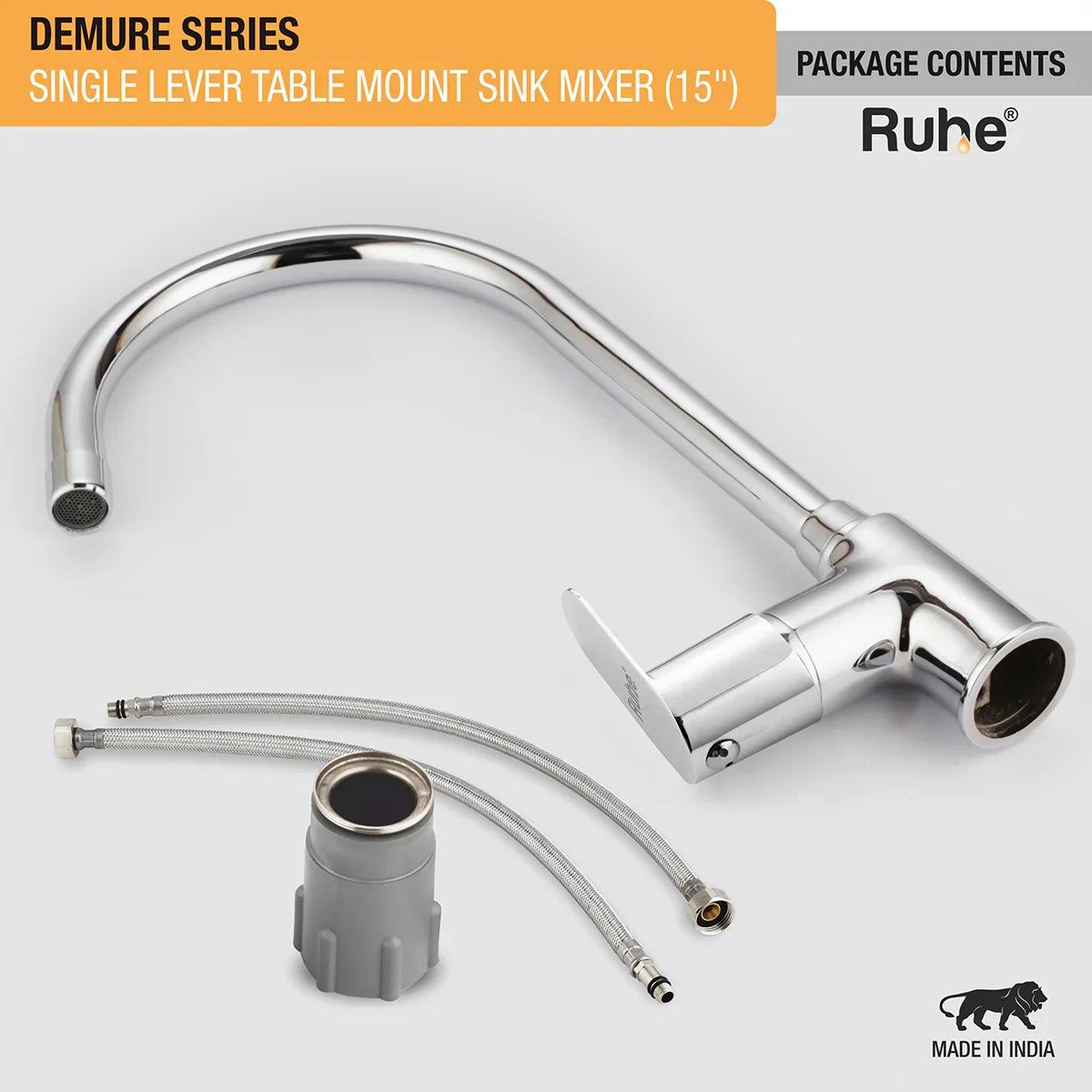 Demure Single Lever Table-Mount Sink Mixer Brass Faucet with Medium (15 Inches) Round Swivel Spout package