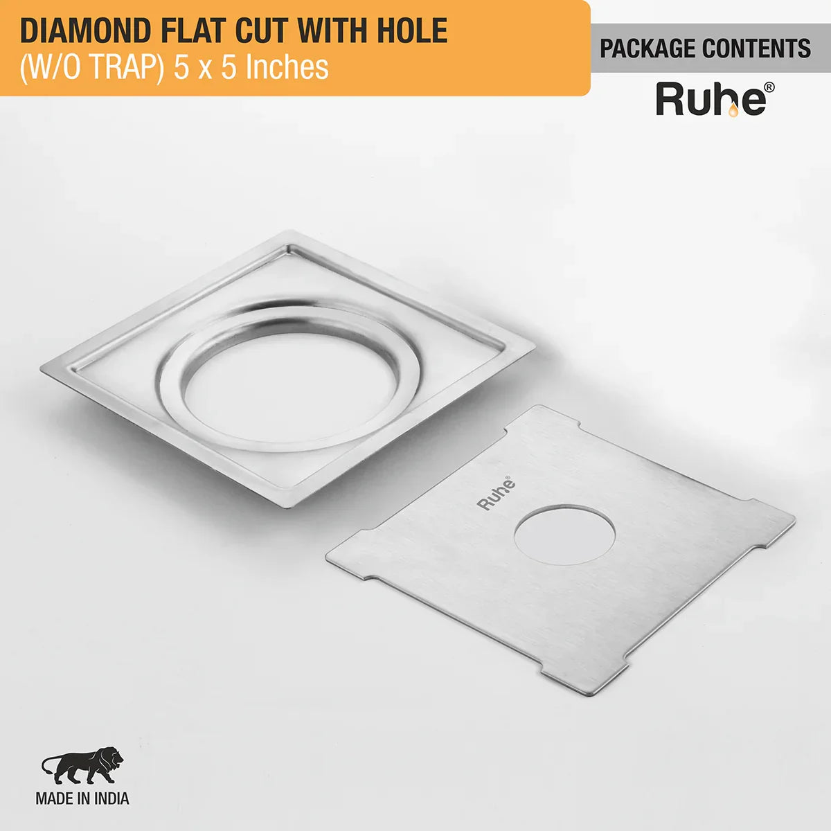 Diamond Square Flat Cut 304-Grade Floor Drain with Hole (5 x 5 Inches) package