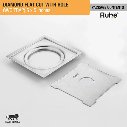 Diamond Square Flat Cut 304-Grade Floor Drain with Hole (5 x 5 Inches) package