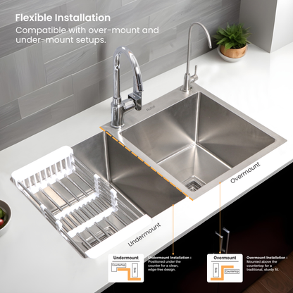 Handmade Double Bowl with Tap Hole Kitchen Sink (32 x 18 x 10 Inches) Suitable for undermount and overmount