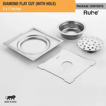 Diamond Floor Drain Square Flat Cut (5 x 5 Inches) with Hole and Cockroach Trap (304 Grade) package content