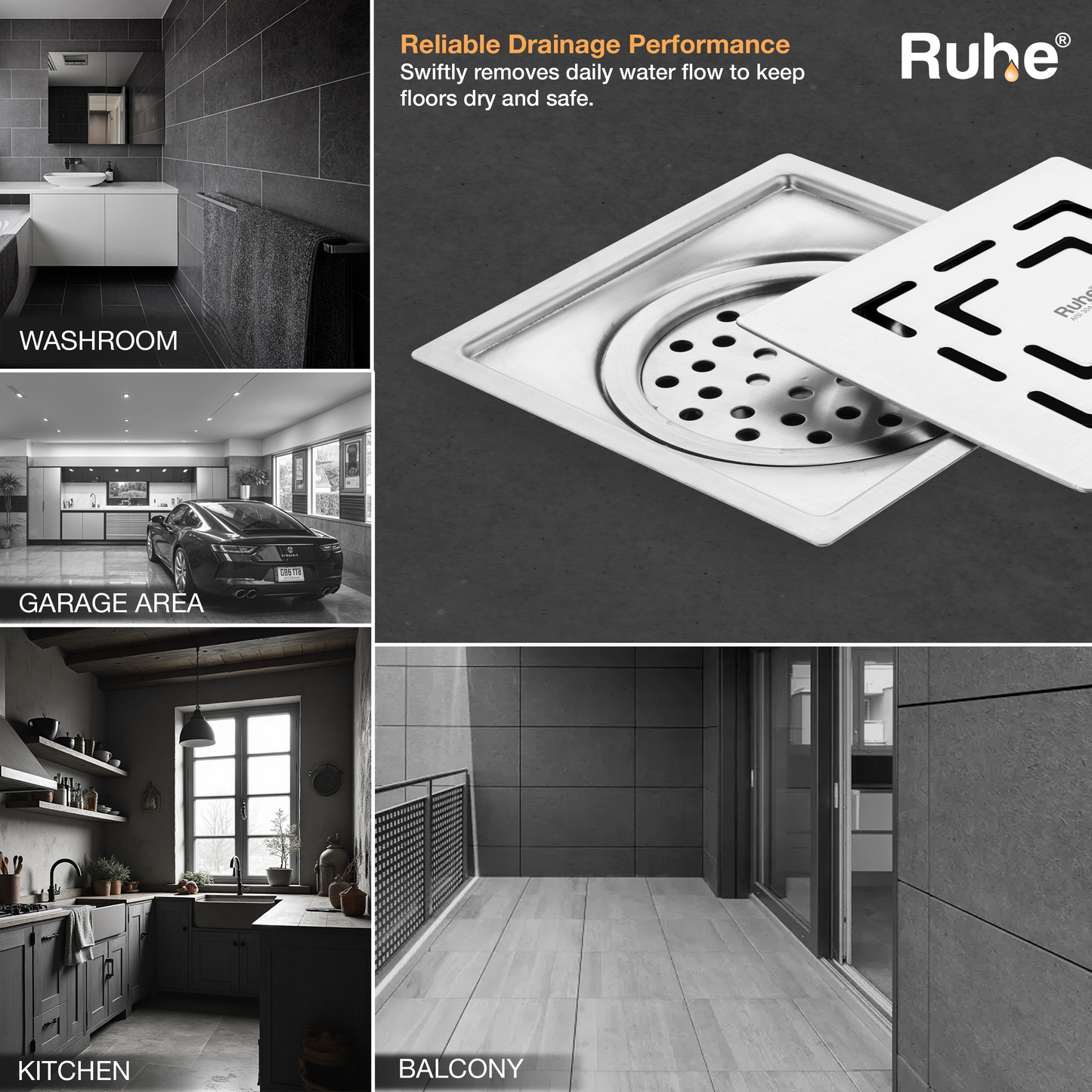 Sapphire Square Flat Cut Floor Drain