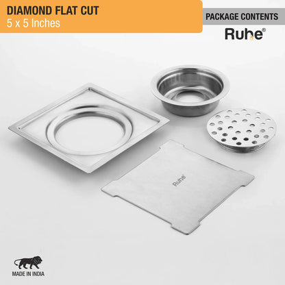 Diamond Floor Drain Square Flat Cut (5 x 5 Inches) with Cockroach Trap (304 Grade) package content