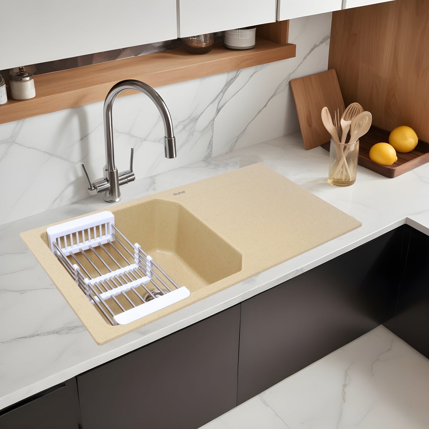 Quartz Single Bowl with Drainboard Kitchen Sink (39 x 20 x 9 Inches)