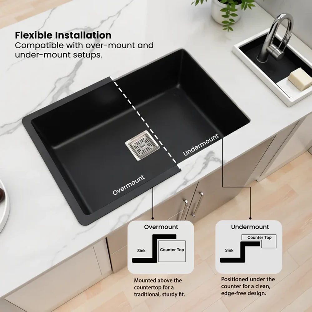 Quartz Single Bowl Black Kitchen Sink (21 x 18 x 9 Inches)