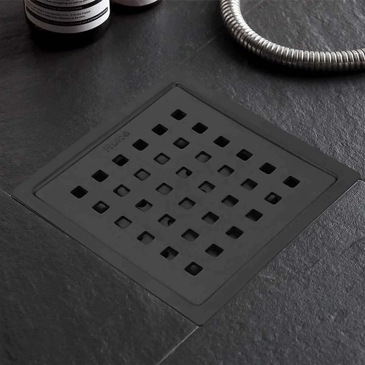 Pearl Square 304-Grade Floor Drain in Black PVD Coating (6 x 6 Inches) installed