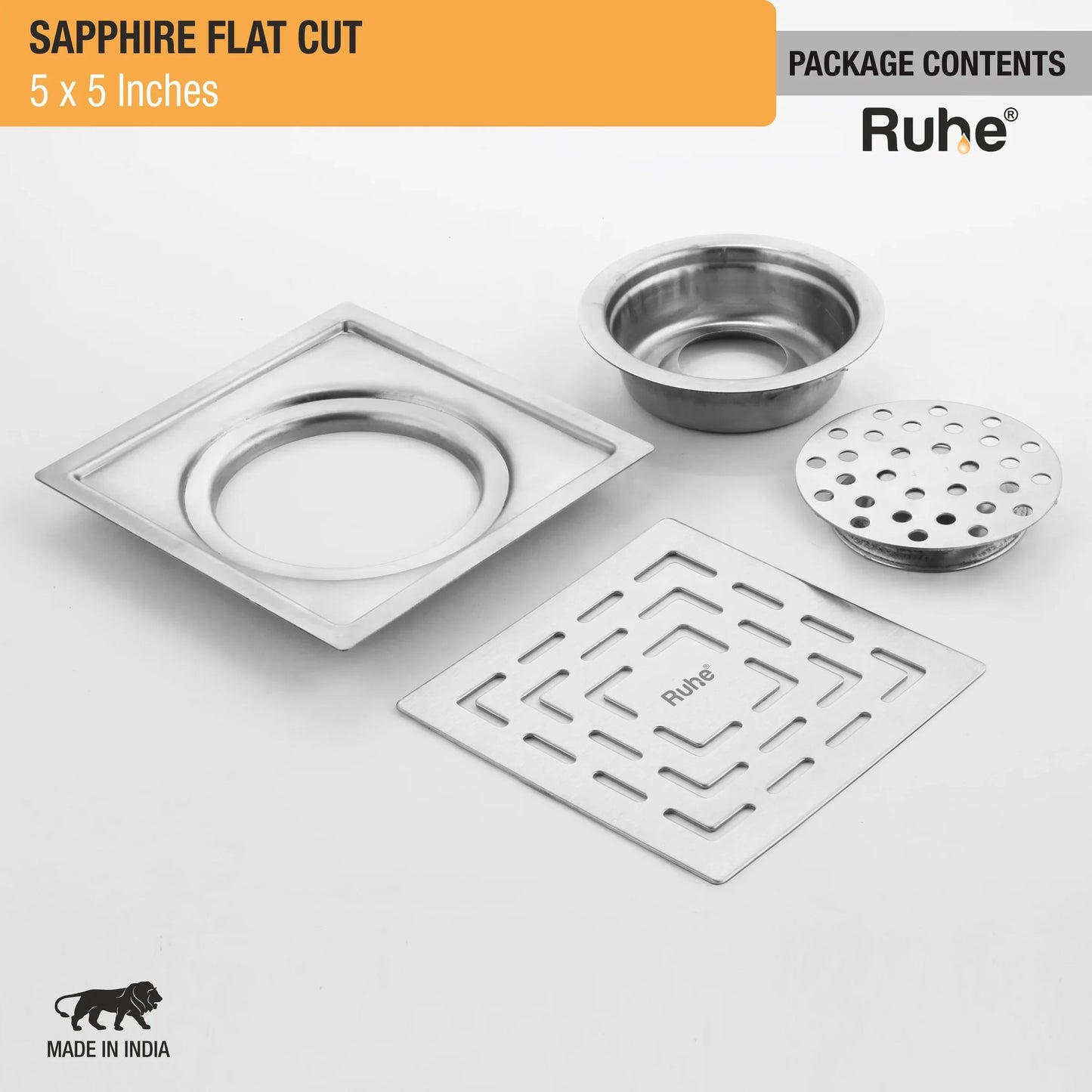 Sapphire Floor Drain Square Flat Cut (5 x 5 Inches) with Cockroach Trap (304 Grade) package content