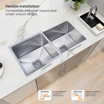 Handmade Double Bowl Kitchen Sink (45 x 20 x 10 Inches) Suitable for undermount and overmount