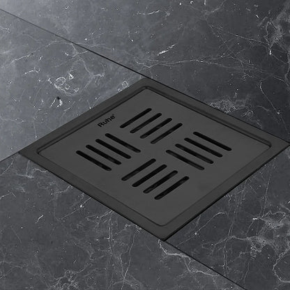 Ruby Square 304-Grade Floor Drain in Black PVD Coating (6 x 6 Inches) installed