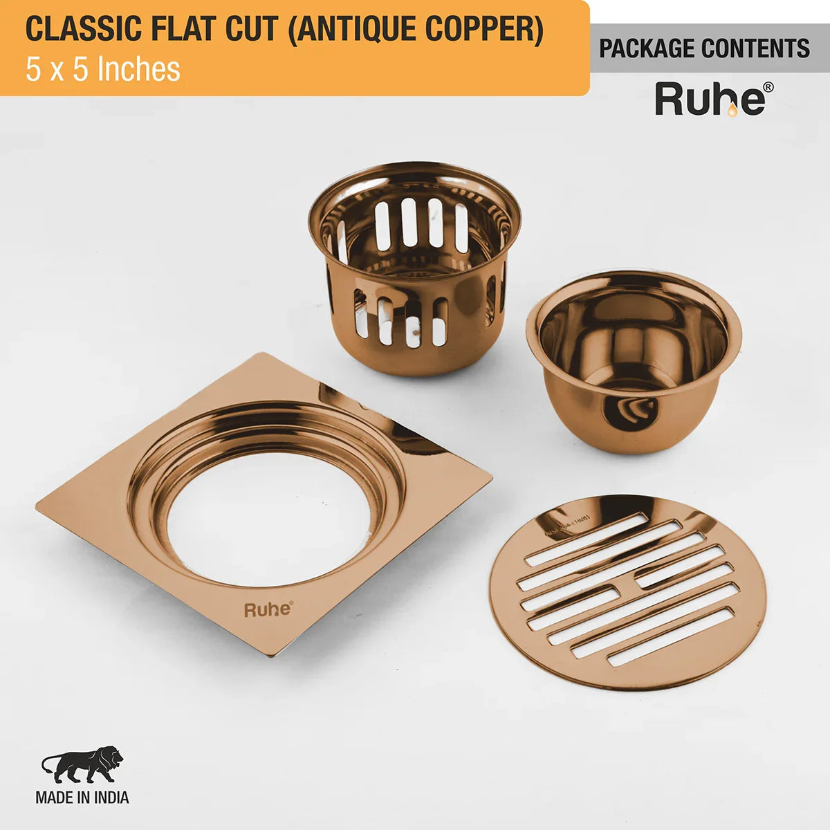 Classic Square Flat Cut Floor Drain in Antique Copper PVD Coating (5 x 5 Inches) package content