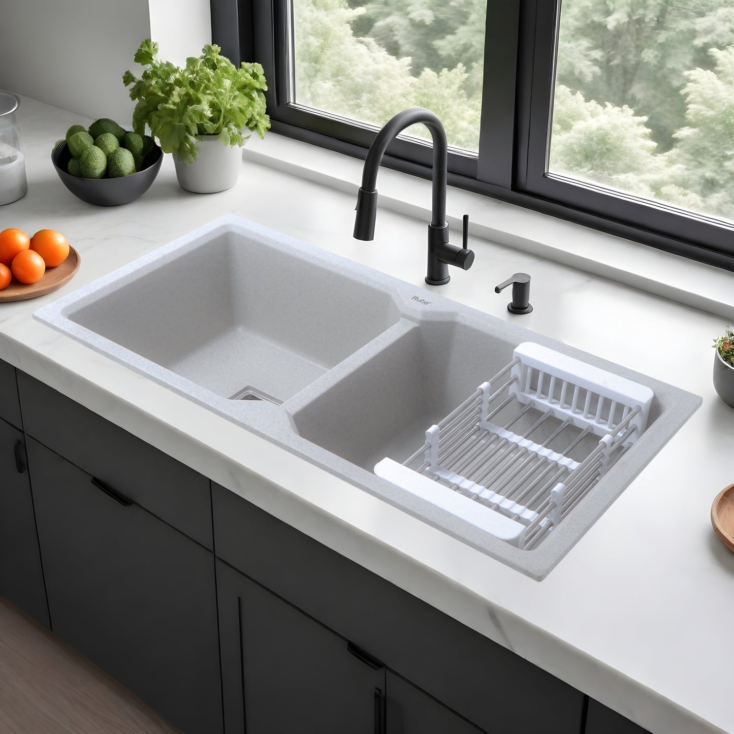 Quartz Double Bowl Black Kitchen Sink (45 x 20 x 9 inches)