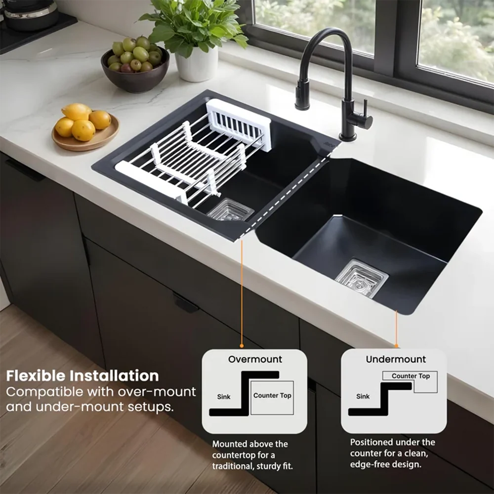 Quartz Double Bowl Black Kitchen Sink (37 x 18 x 9 Inches)