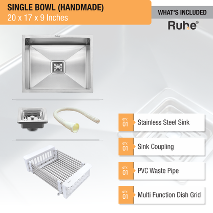 Handmade Single Bowl Kitchen Sink (20 x 17 x 9 Inches)