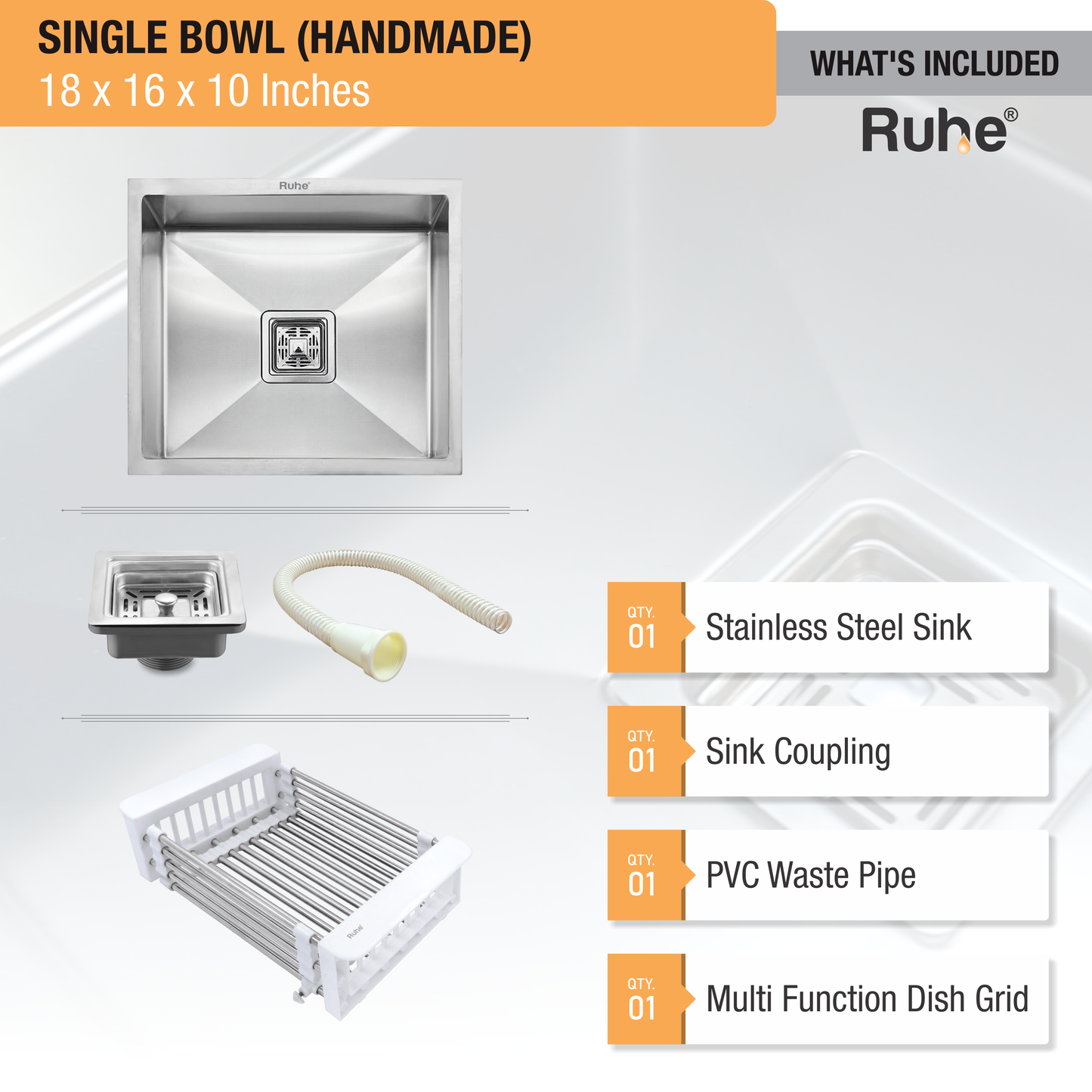 Handmade Single Bowl Kitchen Sink (18 x 16 x 10 Inches)(What's Included)