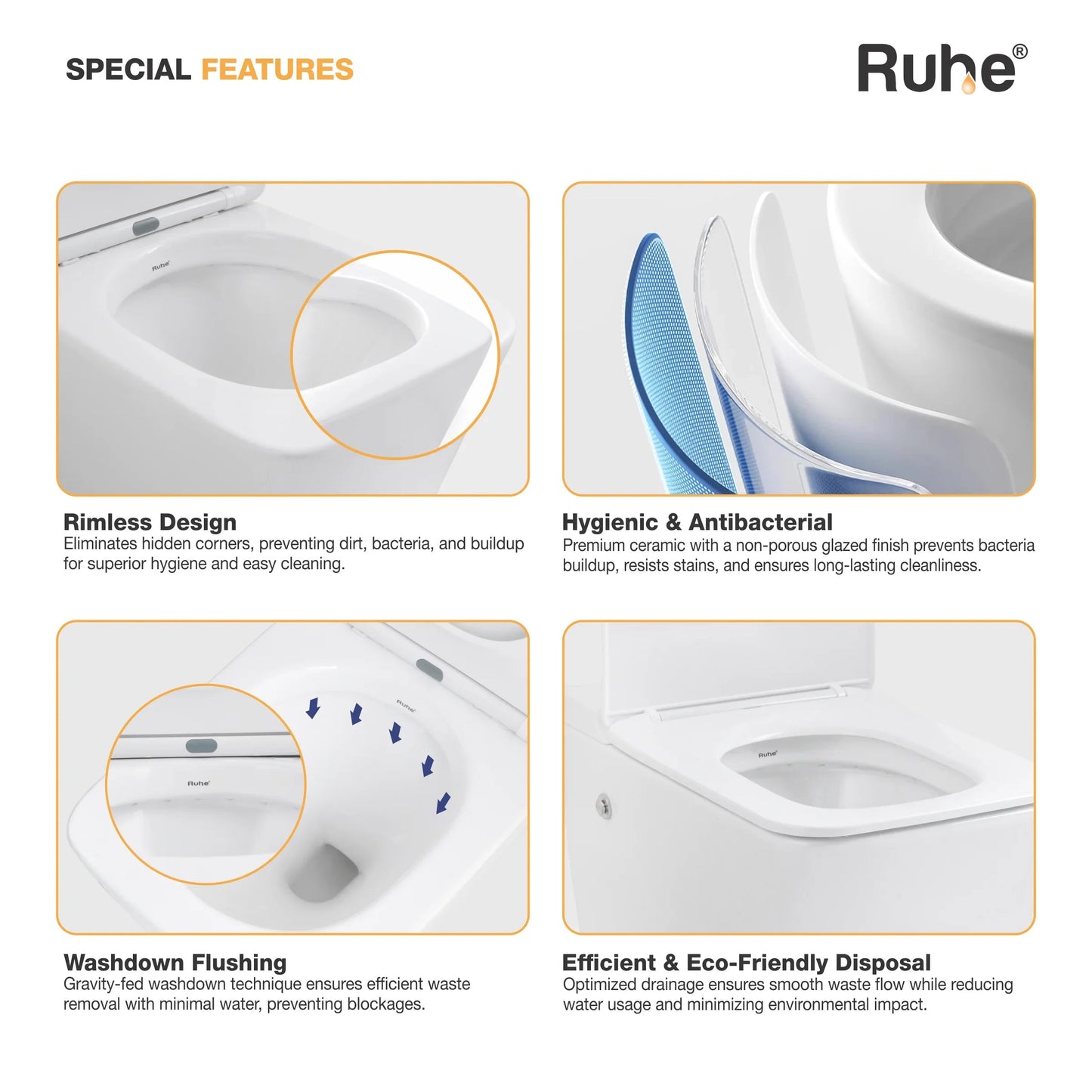 Zenith Wall-Hung Tankless Western Commode, rimless design