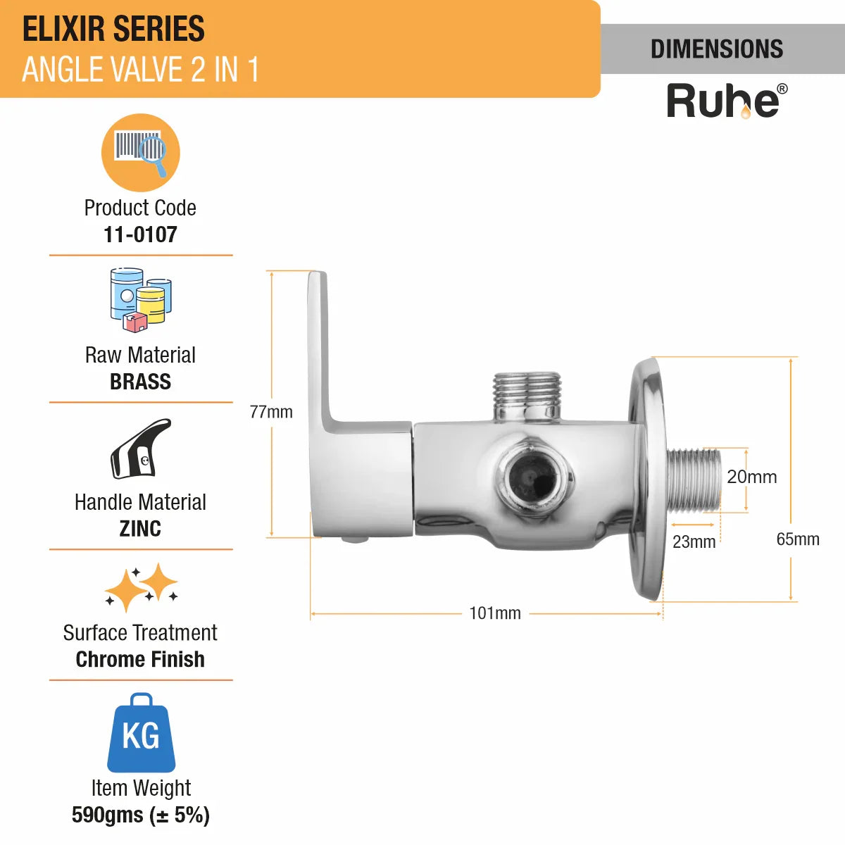 Elixir Two Way Angle Valve Brass Faucet dimensions and size