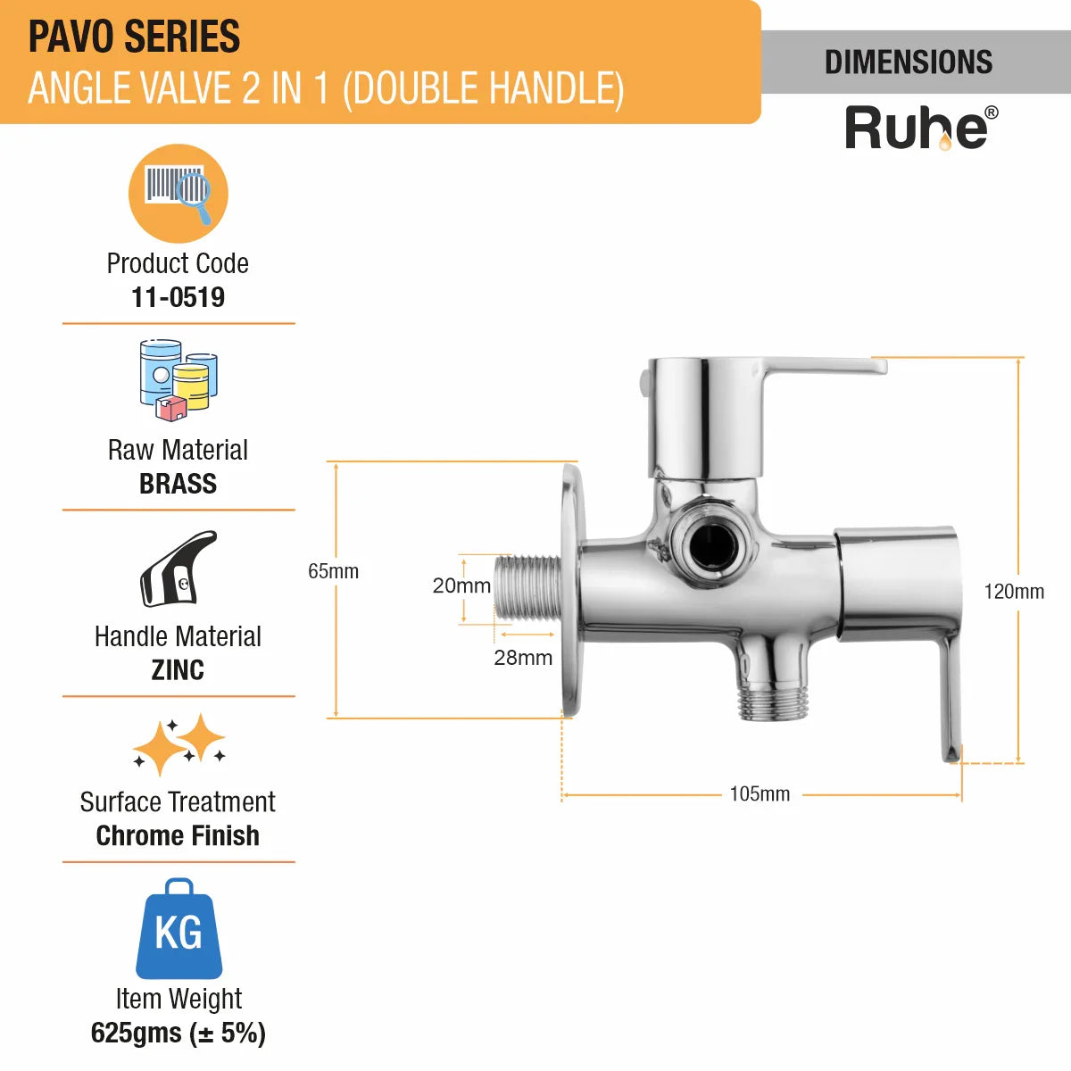 Pavo Two Way Angle Valve Brass Faucet (Double Handle) dimensions and size
