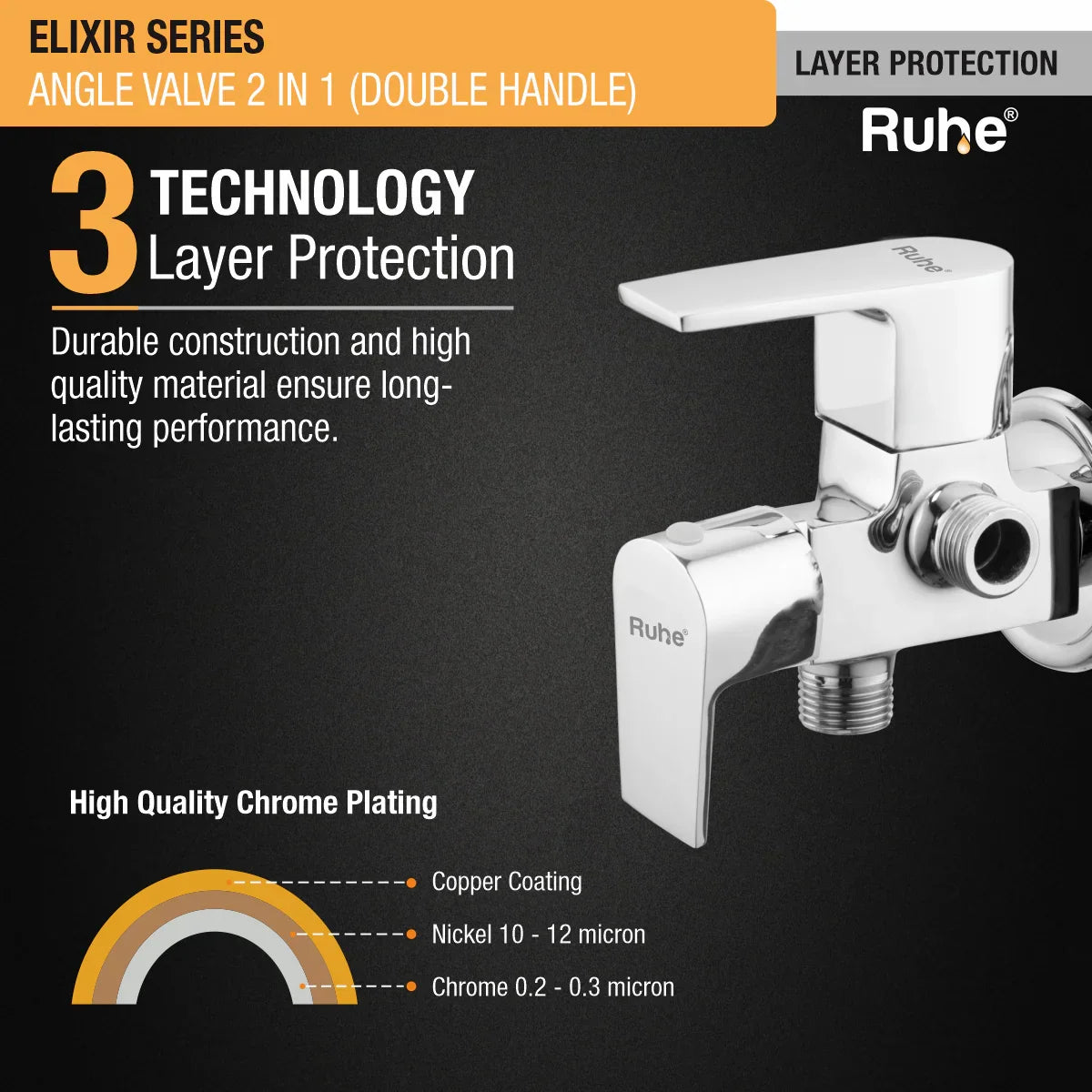 Elixir Two Way Angle Valve Brass Faucet (Double Handle) 3 layer protection