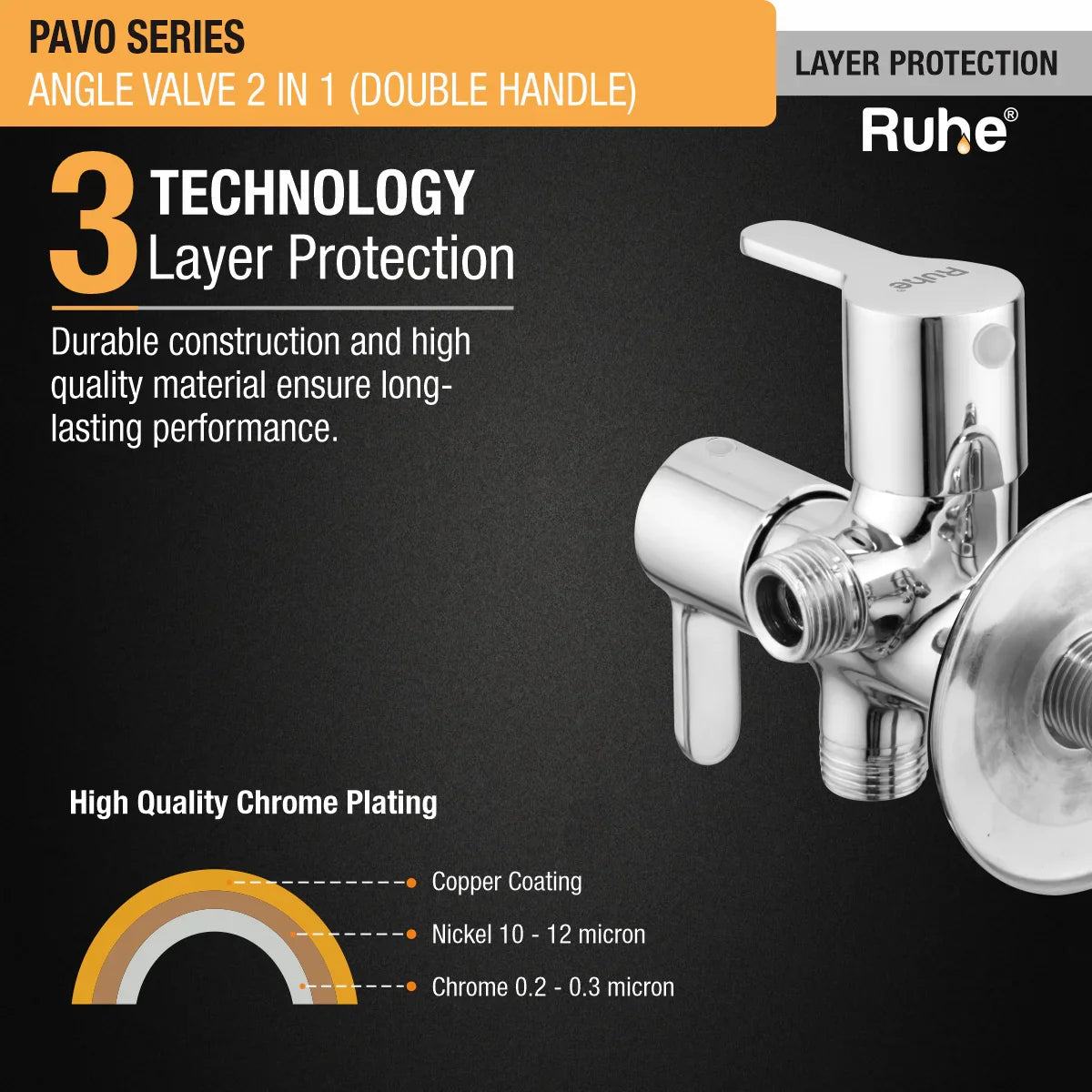 Pavo Two Way Angle Valve Brass Faucet (Double Handle) 3 layer protection