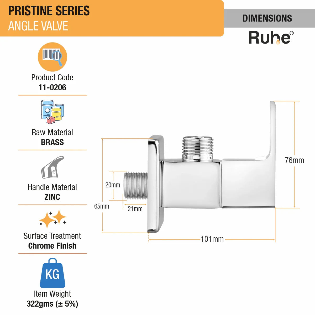 Pristine Angle Valve Brass Faucet dimensions and size