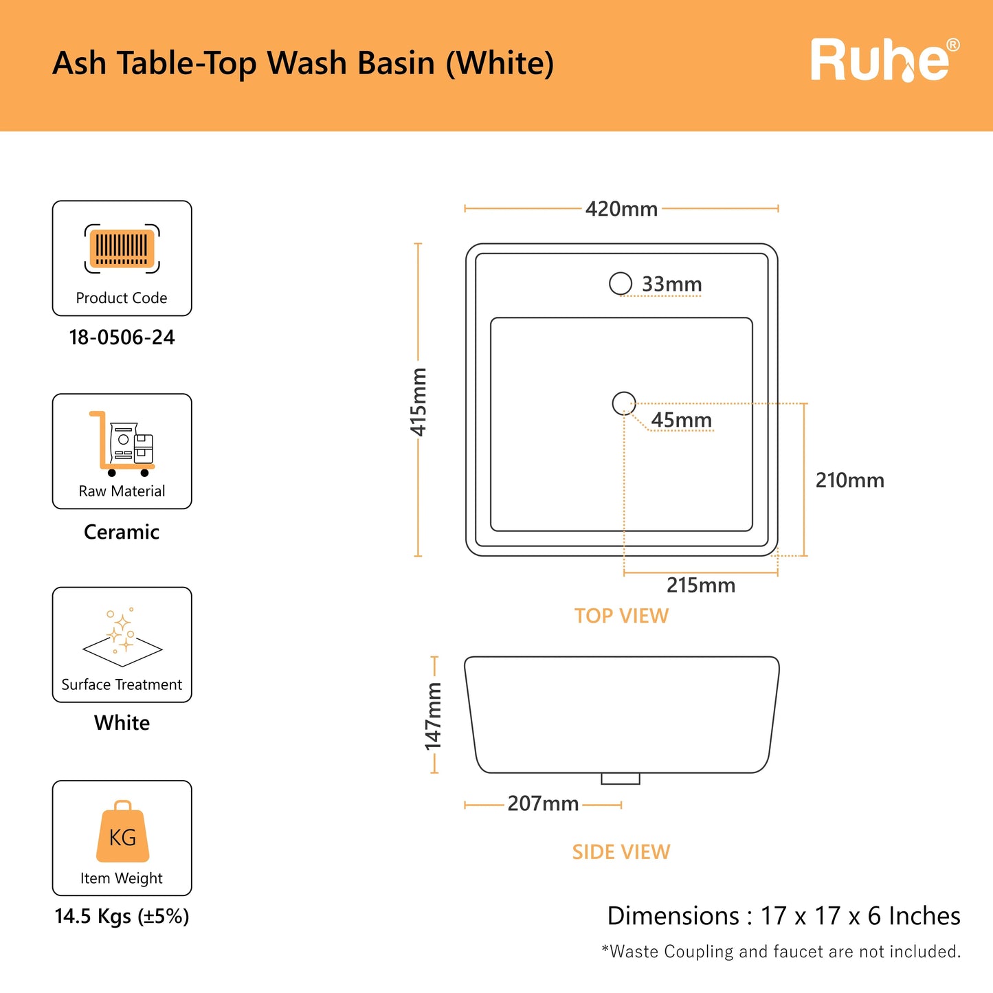 Ash Table Top Wash Basin (dimensions)