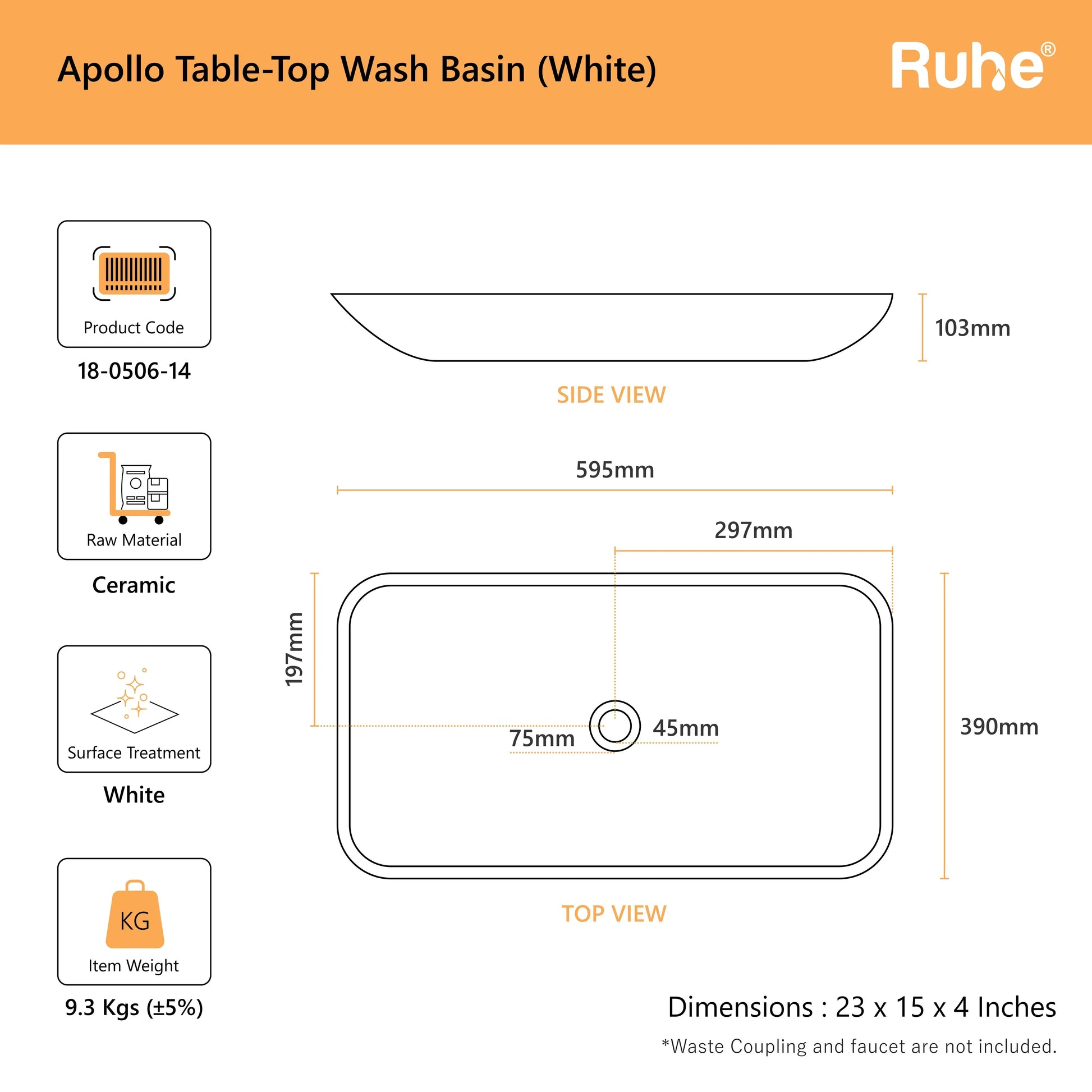 Apollo Table Top Wash Basin (dimensions)