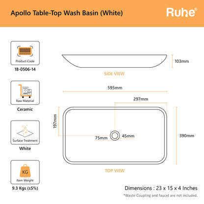 Apollo Table Top Wash Basin (dimensions)