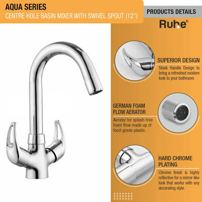 Aqua Centre Hole Basin Mixer Brass Faucet with Small (12 inches) Round Swivel Spout superior design, foam flow aerator, chrome plated