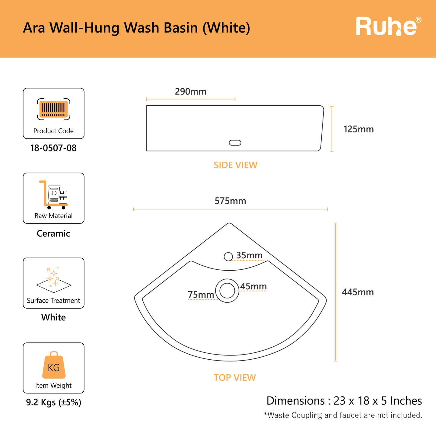 Ara Wall-hung Wash Basin (dimensions)