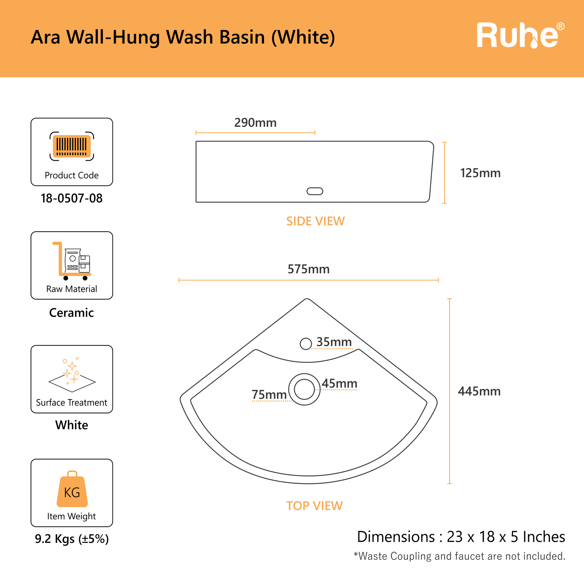 Ara Wall-hung Wash Basin (dimensions)