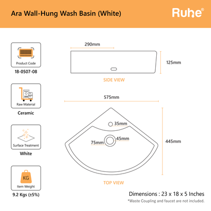 Ara Wall-hung Wash Basin (dimensions)
