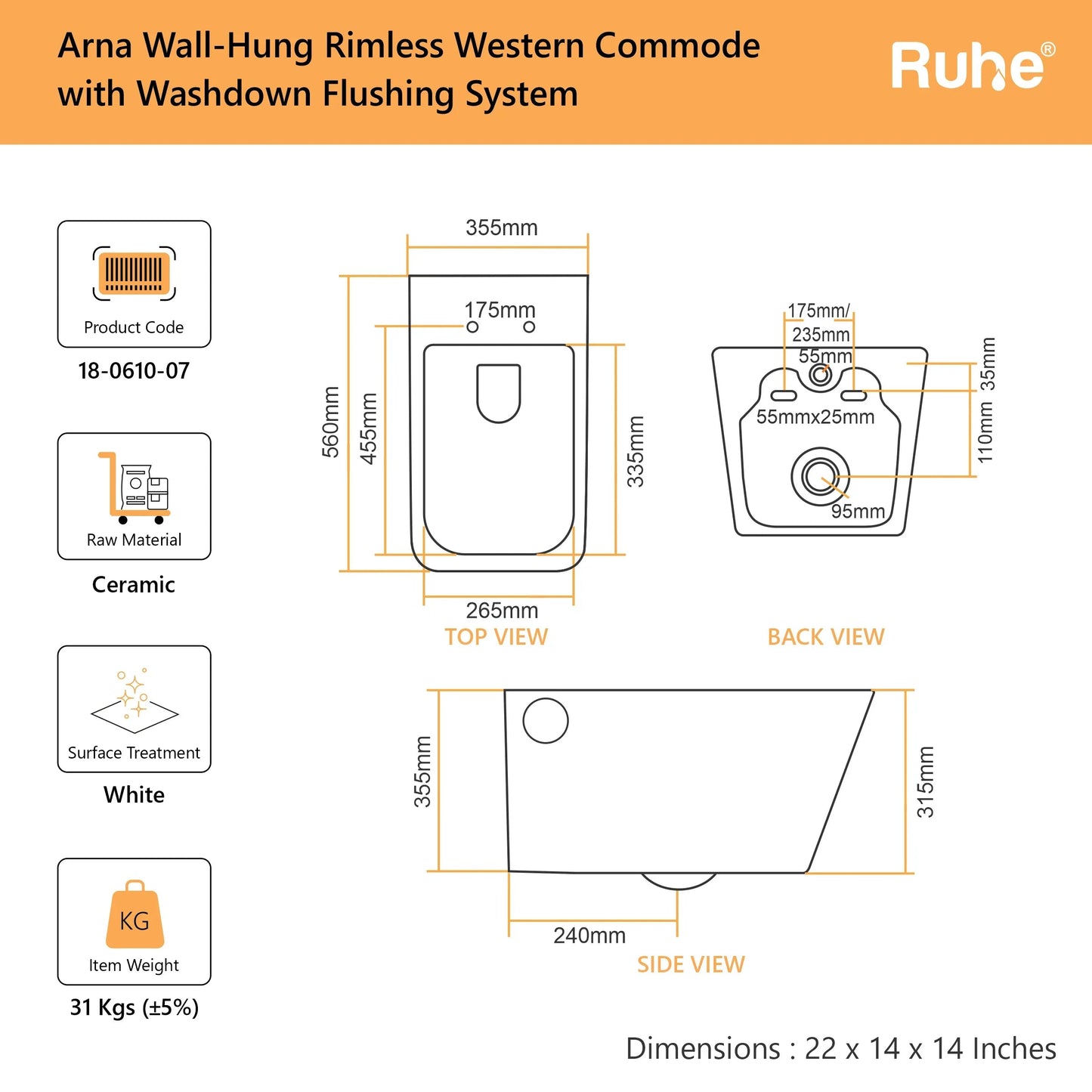 Arna Wall-Hung Western Commode(Dimensions)