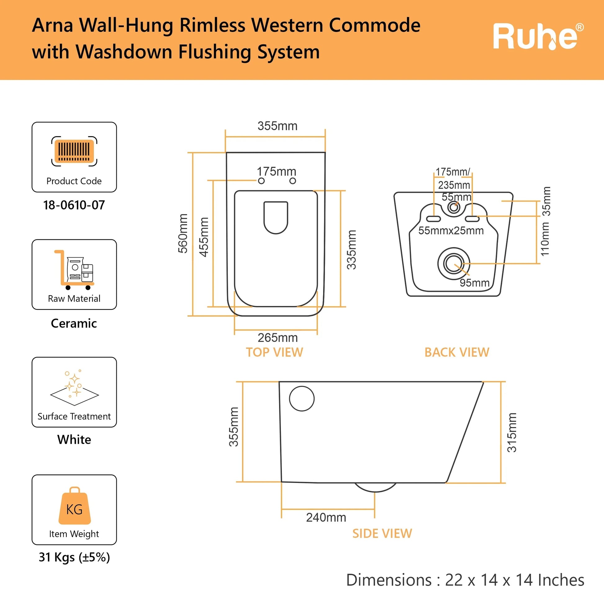 Arna Wall-Hung Western Commode(Dimensions)