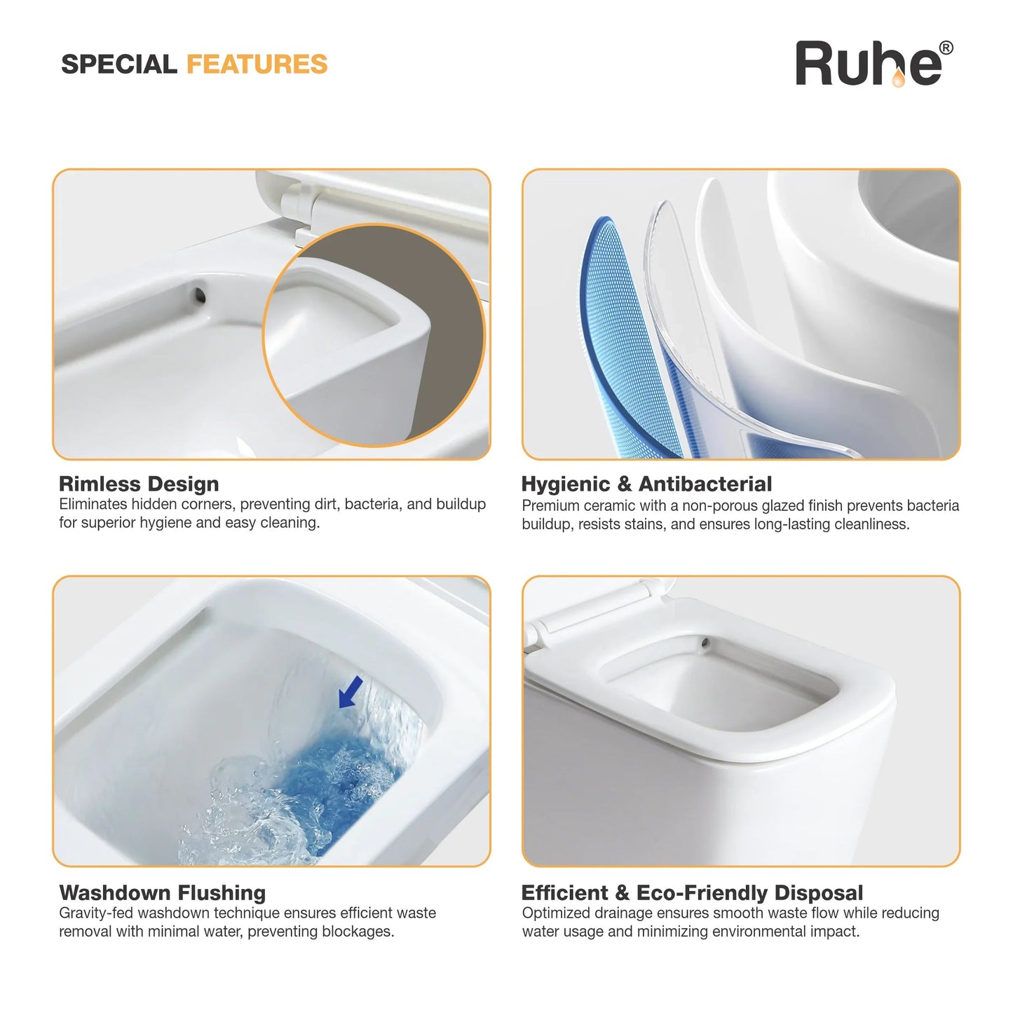 Arna Wall-Hung Western Commode, rimless 